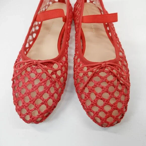 Loeffler Randall Leonie Mary Jane Ballet Flats Size 8 Red Raffia Mesh Bow NEW - Picture 7 of 16